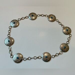 Embossed Concho Belt 8 Silvertone Medallions Turquoise Colored Blue Oval Insets
